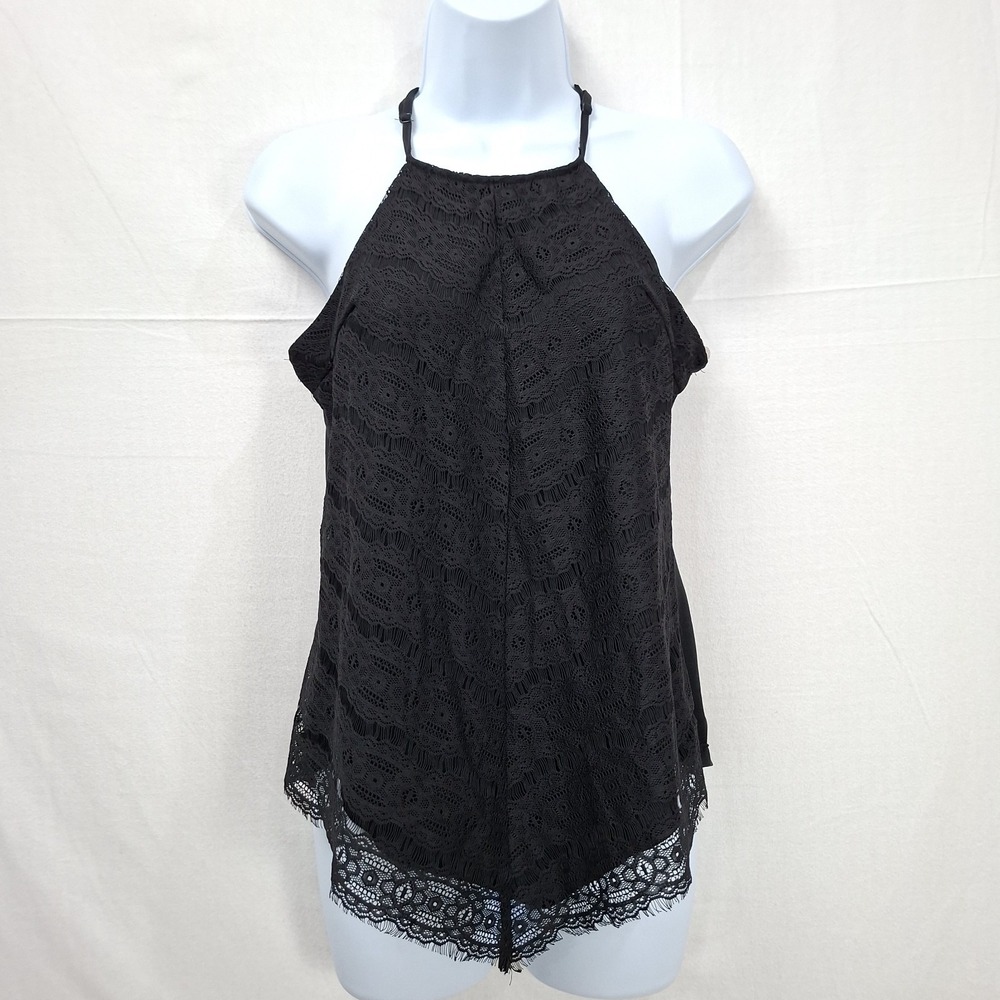 Trixxi Black Lace Racerback halter Tank‎ Top XS Flutter Hem Y2K Whisigoth